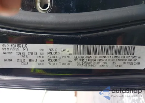 2018 Dodge Journey Se z USA, uszkodzony, nr VIN 3C4PDCAB7JT443058